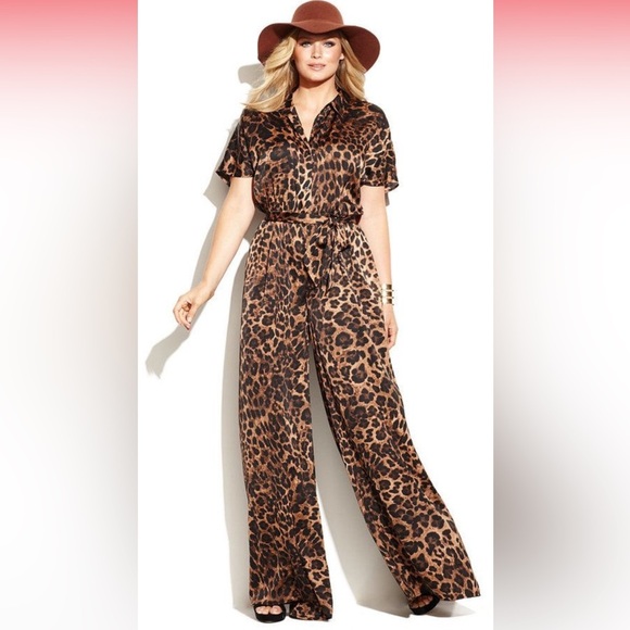 Michael Kors Brown and Black Cheetah Wide-Leg Jumpsuit with V-Neck - Picture 1 of 5
